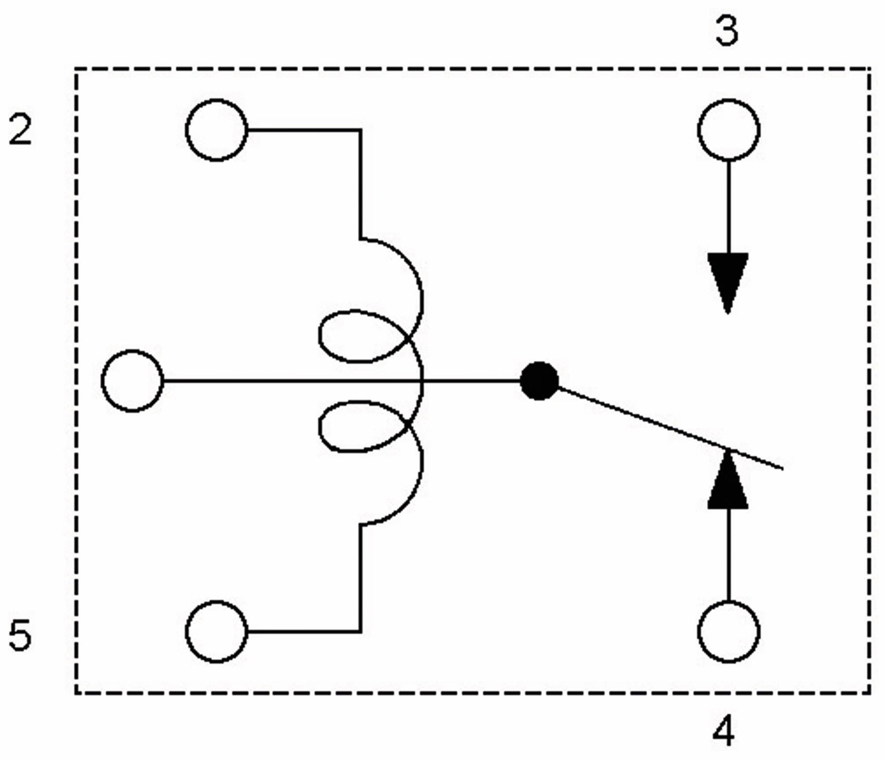 Diagramm, das einen Schaltkreis mit einem spiralförmigen Element zeigt, das mit Kreisen, einem schwarzen Punkt und Pfeilen verbunden ist, die auf zwei mit 3 und 4 beschriftete Kreise zeigen.
