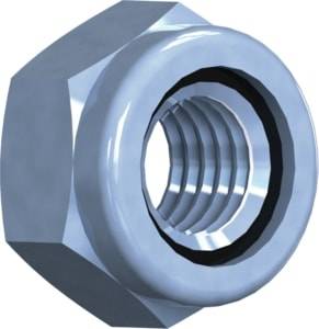 Ein Nahaufnahmebild einer glänzenden, metallischen Sechskantmutter mit sichtbarem Gewinde, das häufig in Verbindung mit einem Bolzen zur Befestigung von Teilen verwendet wird.