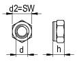 Technische Zeichnung einer Sechskantmutter mit beschrifteten Abmessungen: 'd2=SW', 'd' und 'h'. Vorder- und Seitenansichten zeigen Breite und Höhe.