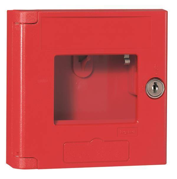 Rote Feueralarmbox mit einer Glasscheibe und einem Schlüsselloch an der Seite, das für die Brandschutzsicherheit im Notfall verwendet wird.