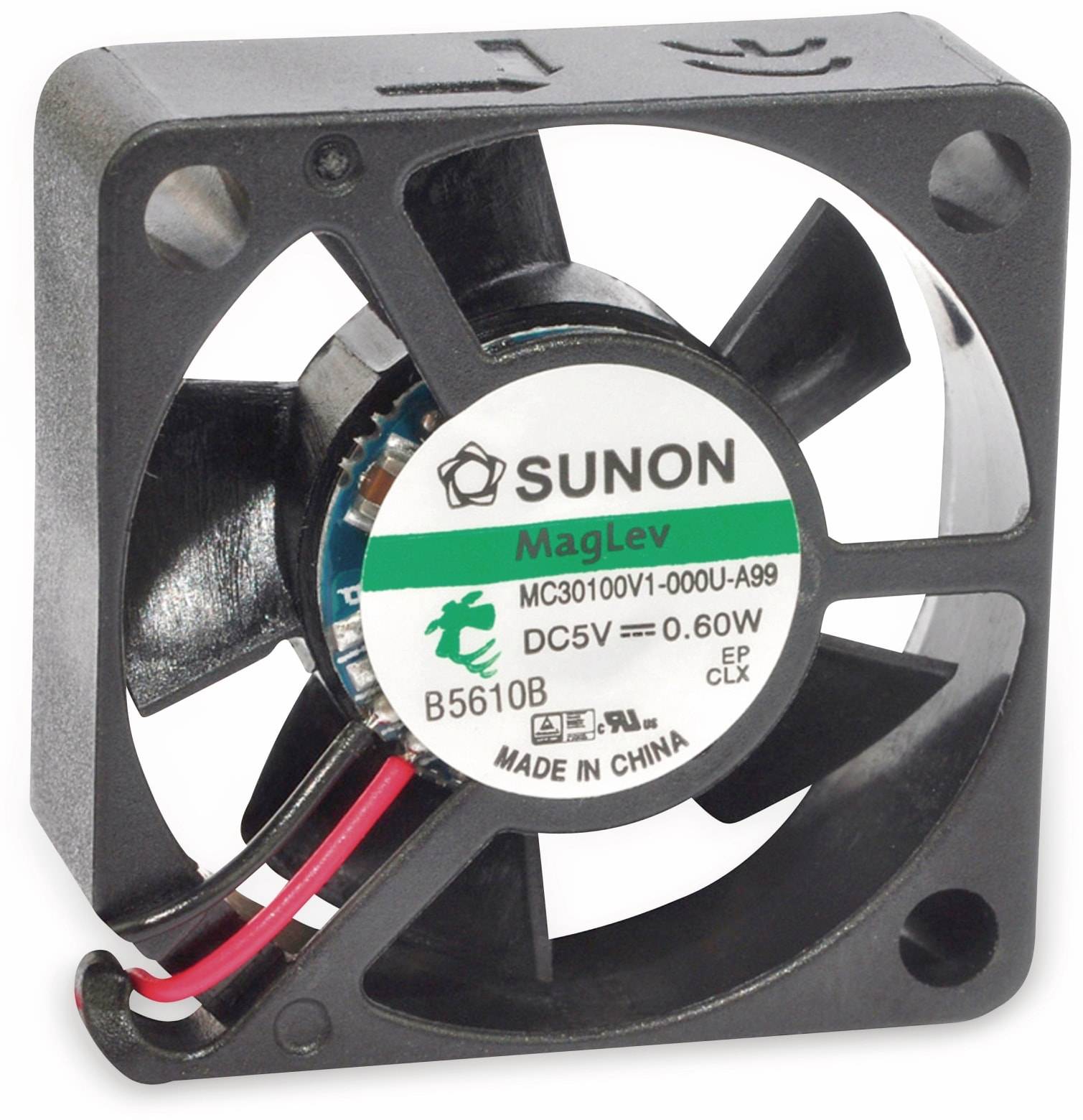 Ein kleiner, quadratisch geformter Kühlventilator mit einem Etikett, das 