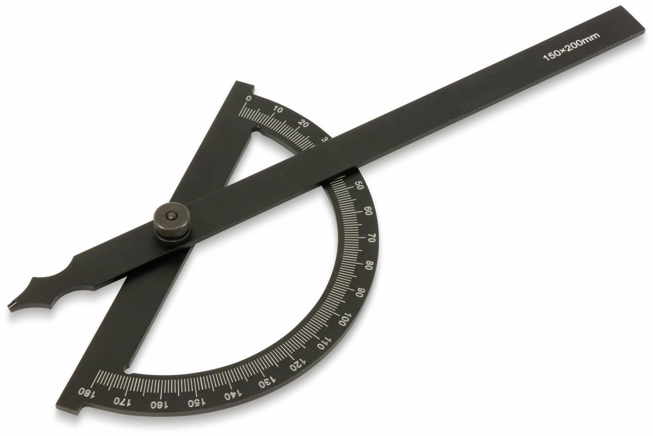 Ein schwarzer Winkelmesser mit einem beweglichen Arm, gekennzeichnet in Grad von 0 bis 180, zum Messen von Winkeln verwendet.