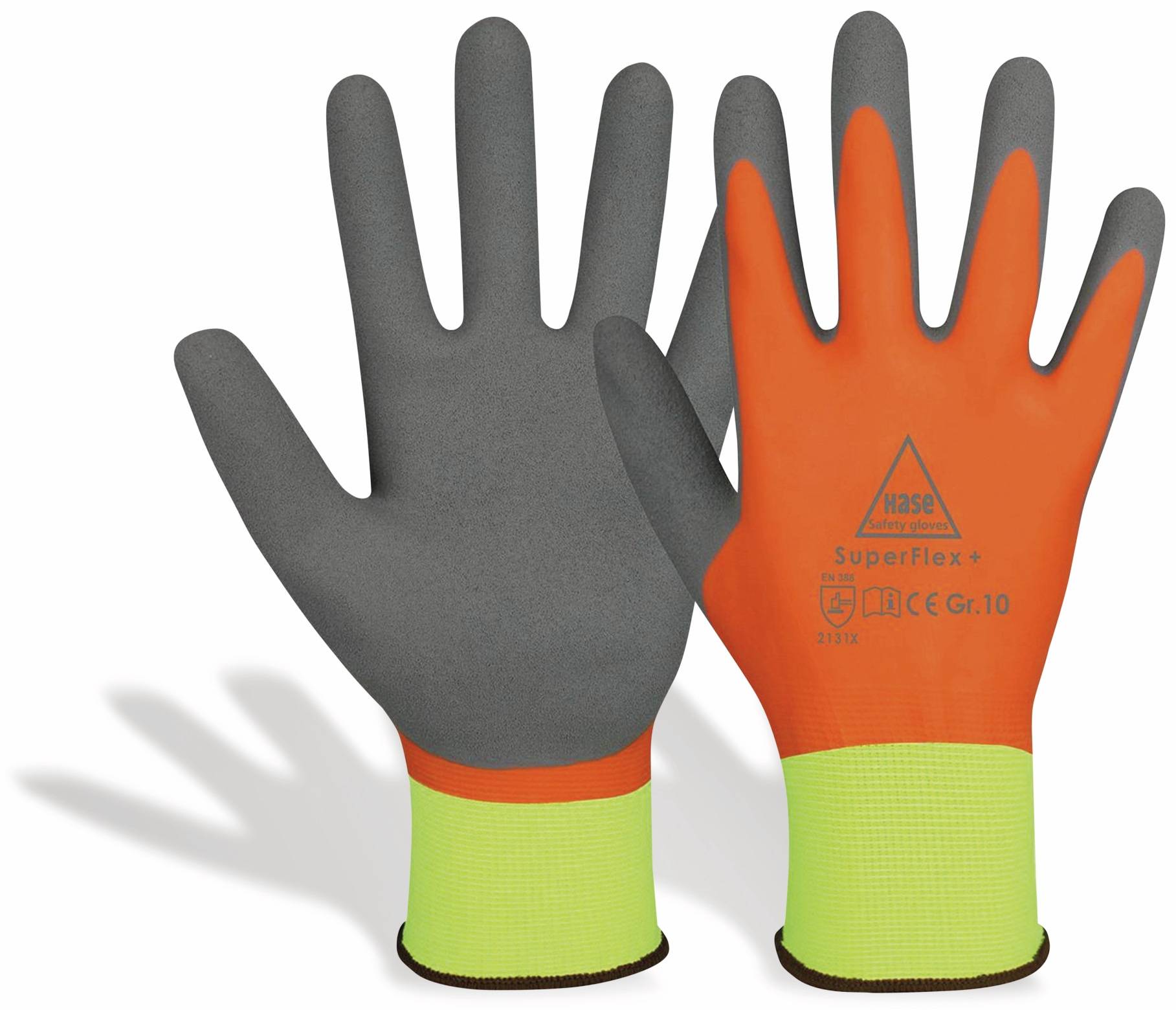 HASE SAFETY GLOVES Latex-Arbeitshandschuhe SuperFlex+, EN388, EN 420, neongelb/orange, Größe 10