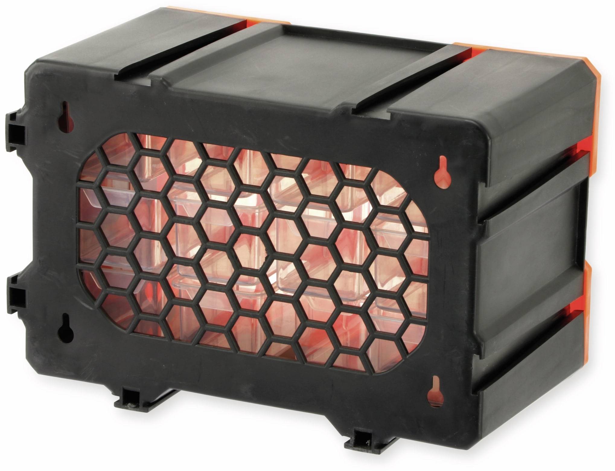 Eine schwarze Kunststoffkiste mit einem Wabenmuster auf der Seite, das ein rotes Inneres zeigt. Die Kiste ist rechteckig und stapelbar.