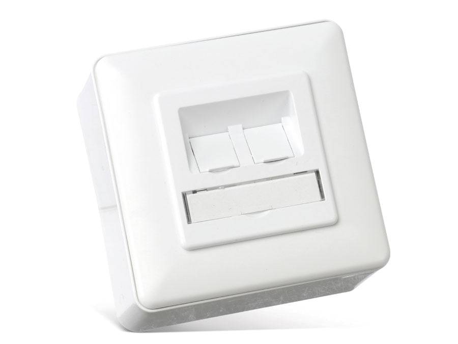 Eine weiße wandmontierte Netzwerkabdeckplatte mit zwei RJ45-Ethernet-Anschlüssen und einer leeren Beschriftungsfläche, konzipiert für Internetkonnektivität.