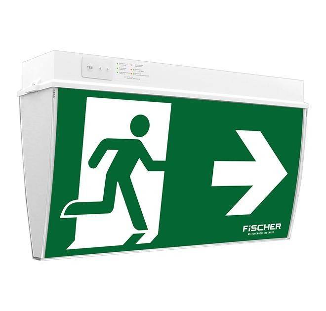 Notausgangsschild mit einer nach rechts laufenden Figur, die die Richtung zur Evakuierung anzeigt.