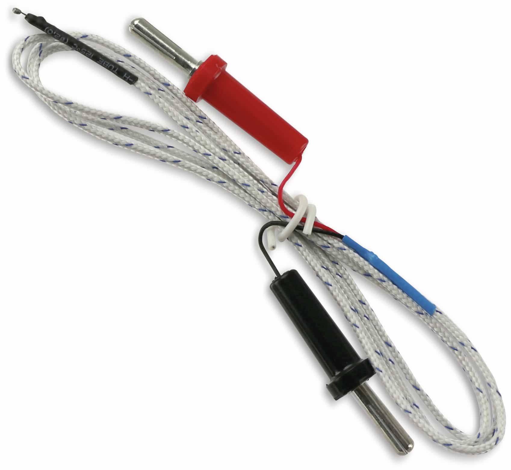 Ein rotes und ein schwarzes Thermoelement mit geflochtenem Draht, das für Temperaturmessungen in verschiedenen Anwendungen verwendet wird.