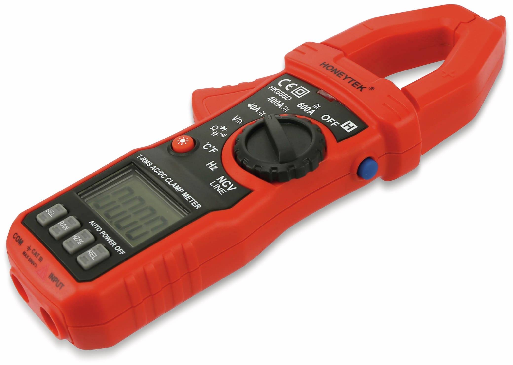 Ein rotes digitales Zangenmessgerät mit offener Zange. Das Gerät ist mit „HONEYTEK
