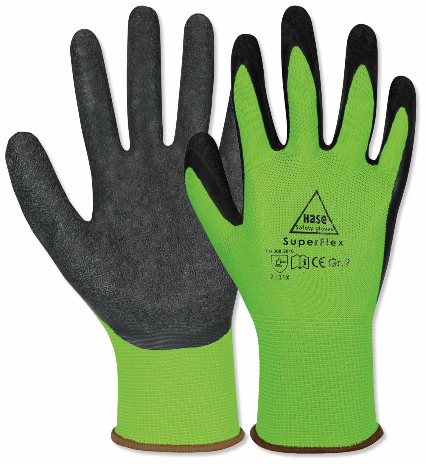 Paar grüne Arbeitshandschuhe mit schwarzen Handflächen, gekennzeichnet mit „Safety gloves Superflex