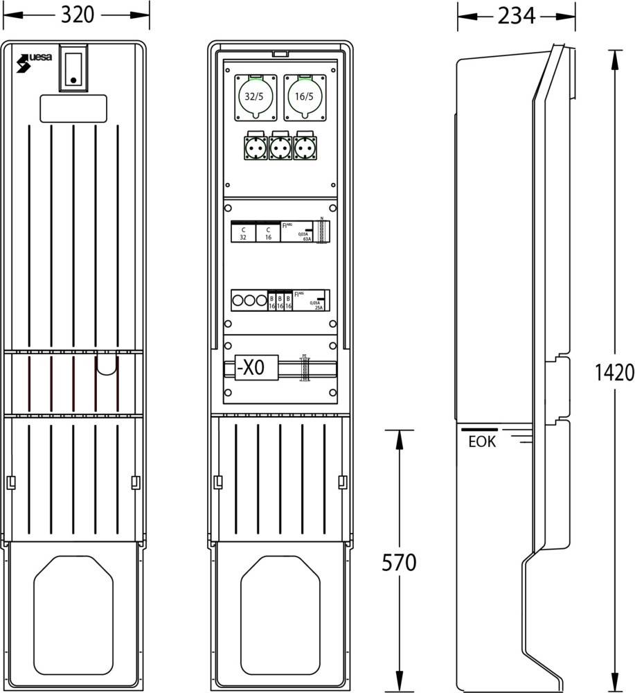 LVX360' Elektroverteilungstafel-Diagramm mit Front- und Seitenansicht, Abmessungen gekennzeichnet mit 570 Höhe für die Front und 1420 für die Seite.