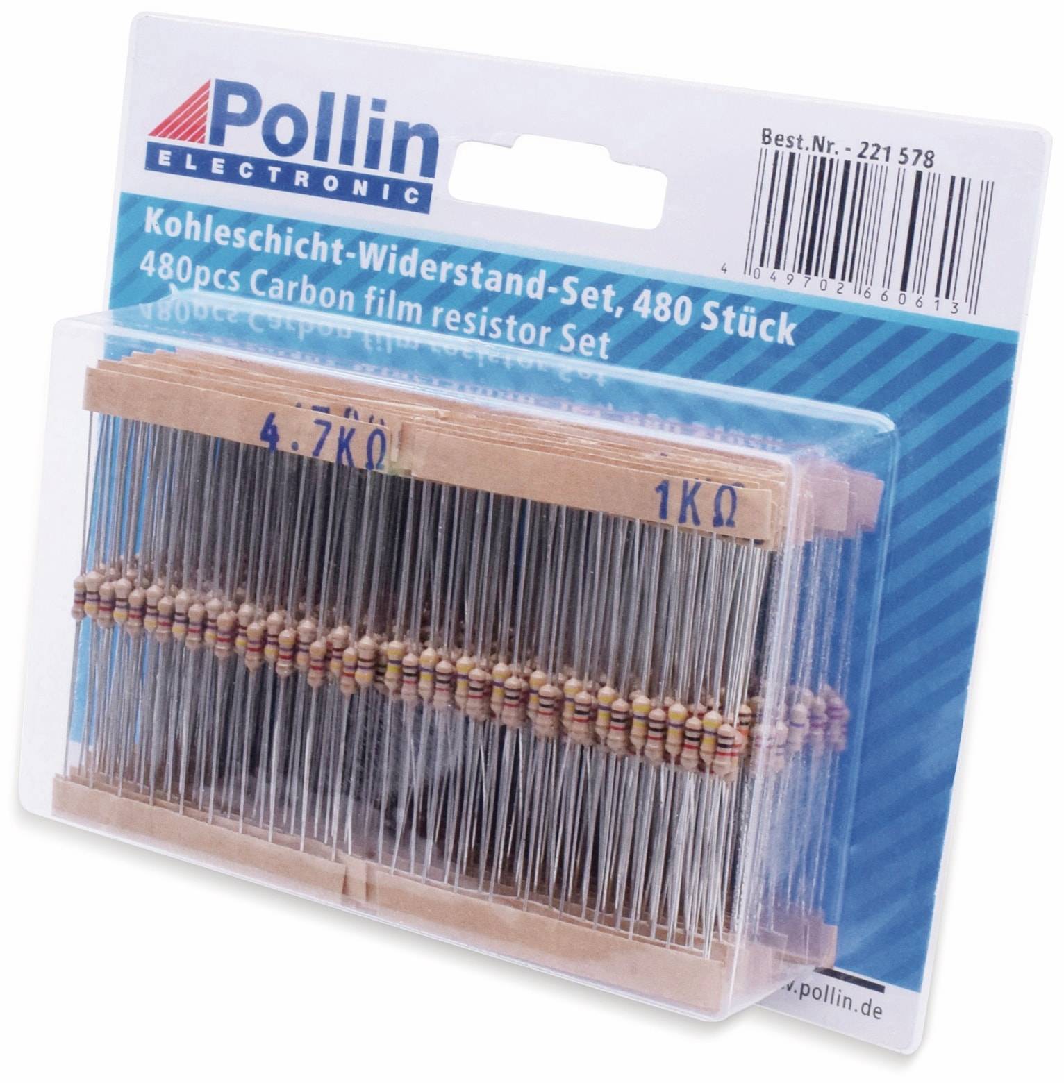 Pollin Electronic' Markenpaket mit einem Sortiment von 480 Kohleschicht-Widerständen. Das Etikett enthält Widerstandswerte wie '4.7kΩ' und '1kΩ'.