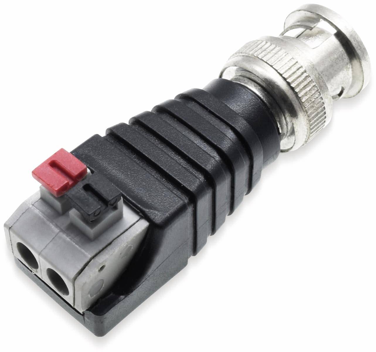 Ein schwarz-silberner BNC-Steckeradapter mit roten und schwarzen Clips an einem Ende, zum Verbinden von Koaxialkabeln in der Elektronik.