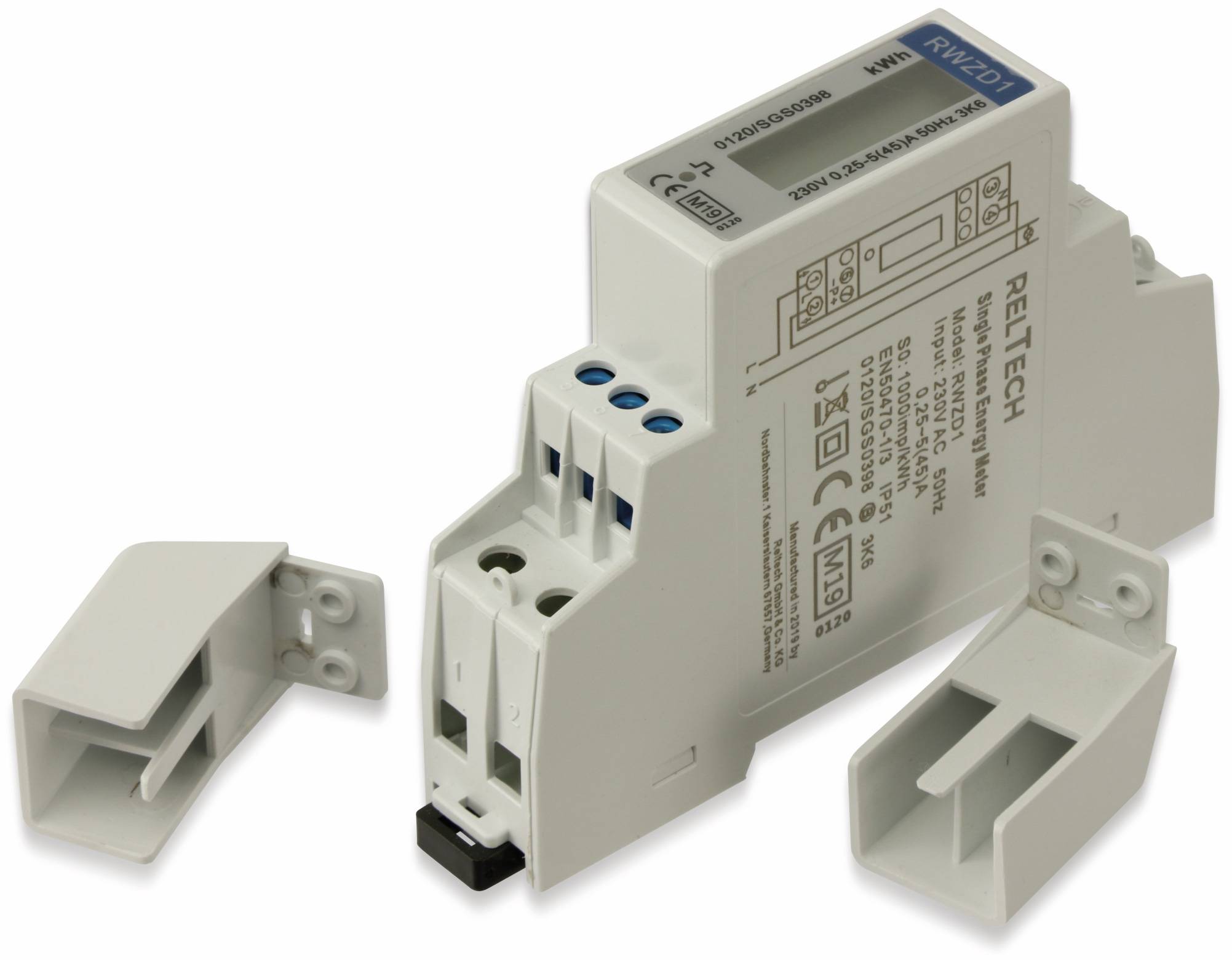 Ein weißes elektrisches Relaismodul mit beschrifteten blauen Anschlüssen, Seitenabdeckungen und Spezifikationen einschließlich Spannungs- und Strombelastbarkeitsangaben.