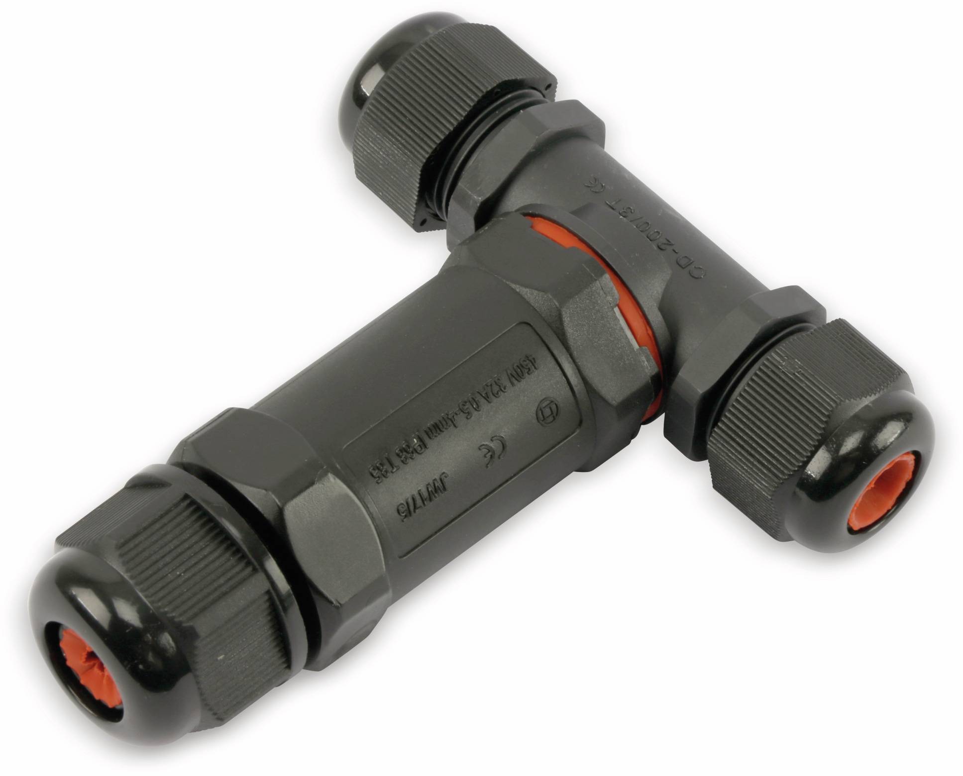 Ein T-förmiger wasserdichter elektrischer Kabelstecker, geeignet für Außen- oder Industriegebrauch, mit Gewindelenden und einem strapazierfähigen schwarzen Gehäuse.