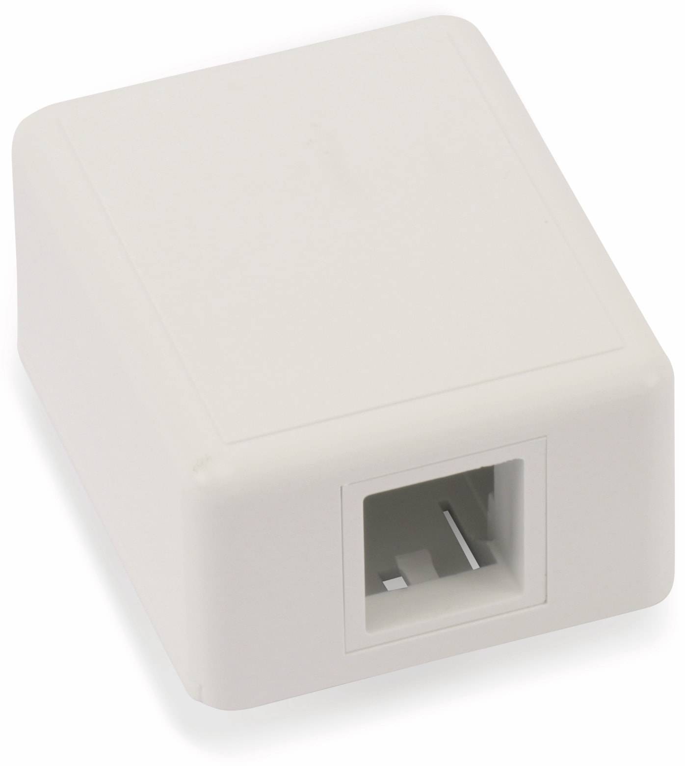 Eine weiße rechteckige Wandbuchse für einen RJ11-Telefonsstecker.
