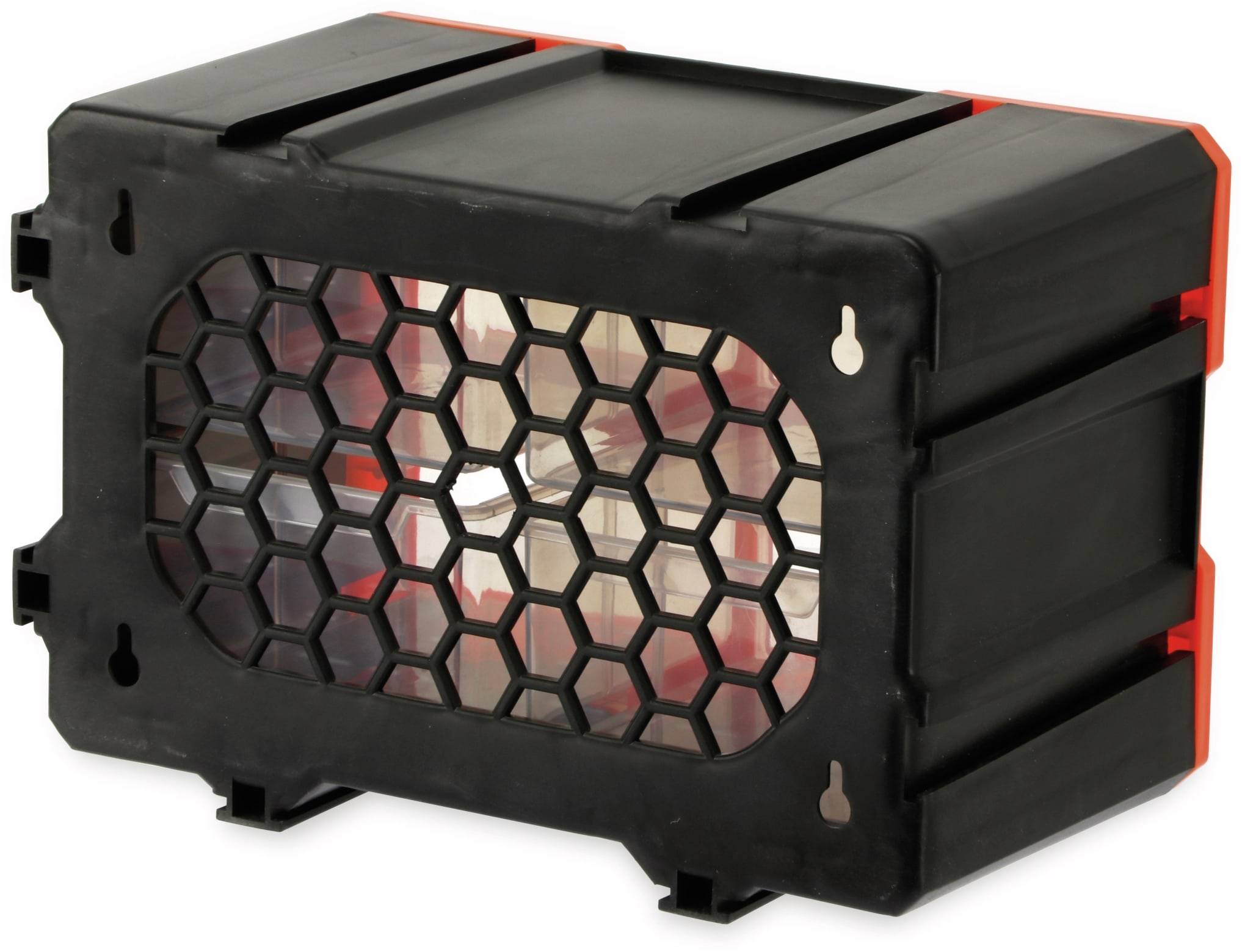 Eine schwarze Kiste mit einer Gitterseite, auf der ein teilweise sichtbarer Gegenstand im Inneren zu sehen ist, möglicherweise zur Lagerung oder zum Transport.