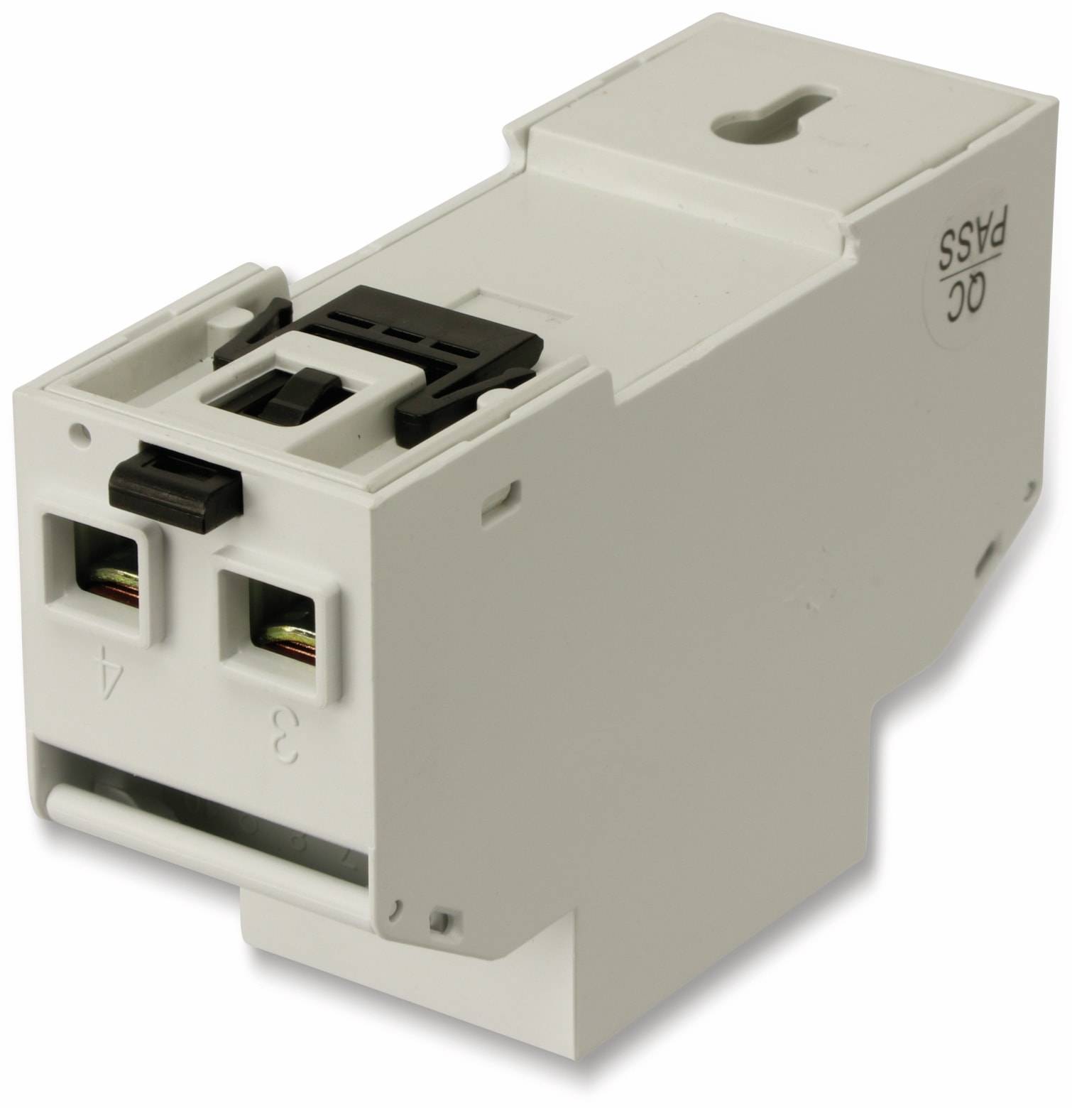 Ein Nahaufnahme eines weißen Elektrosteckverbinders mit zwei nummerierten Anschlüssen und einem schwarzen Clip, der in Verdrahtungssystemen verwendet wird.