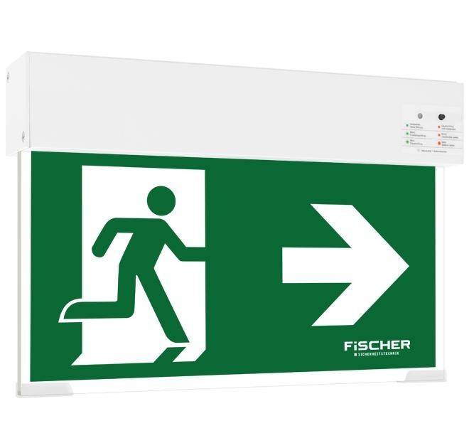 Notausgang-Schild mit Piktogramm einer laufenden Person und einem Pfeil, der nach rechts weist, um die Richtung zum Notausgang anzuzeigen.