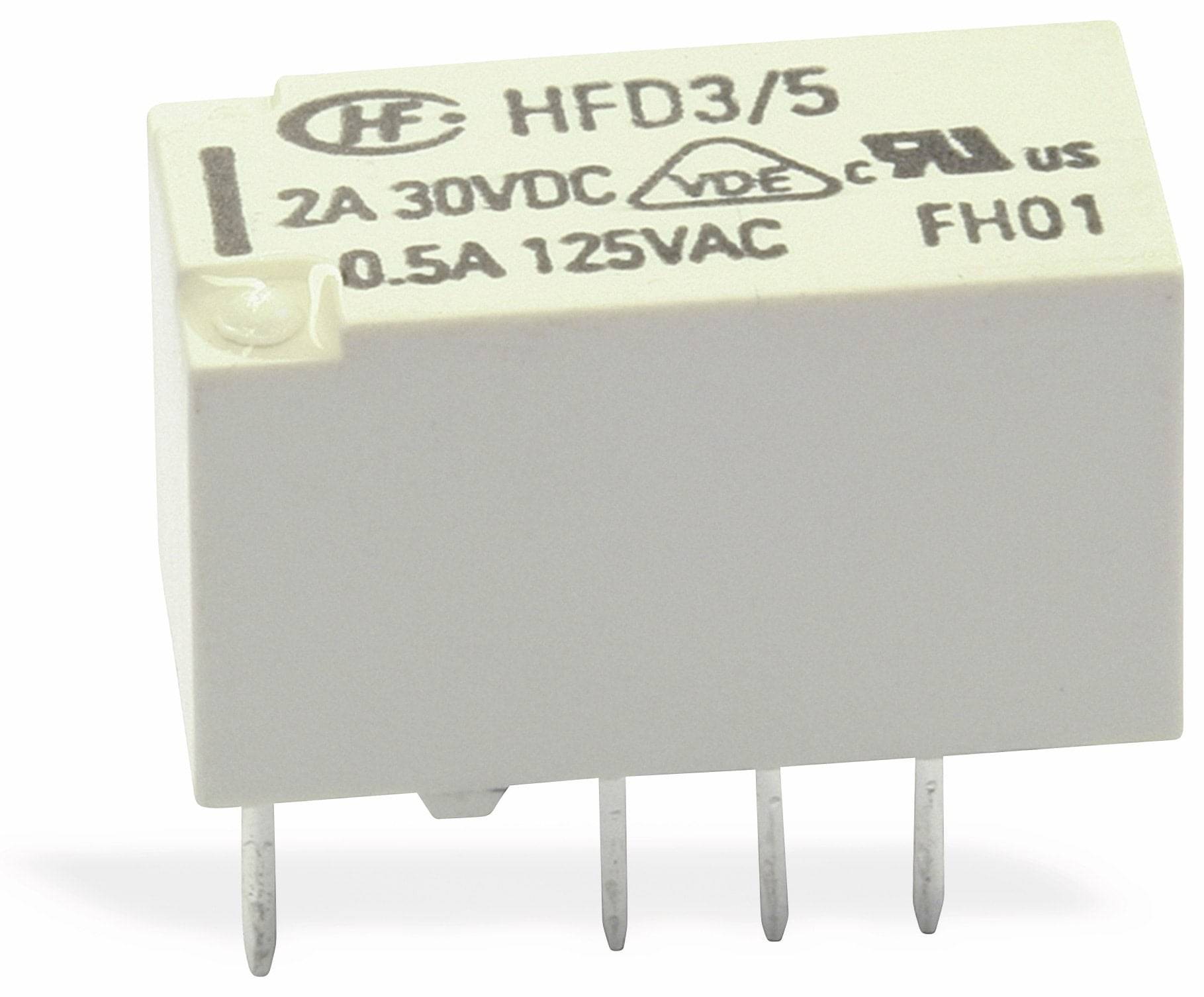 Weißes rechteckiges Relais mit Aufschrift: HFD3/5, 2A 30VDC, 0.5A 125VAC.