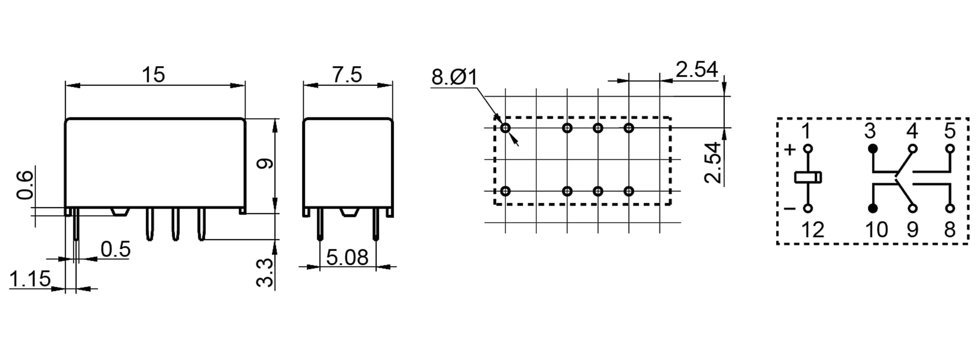 Technisches Diagramm einer elektronischen Komponente mit Abmessungen von „7,5