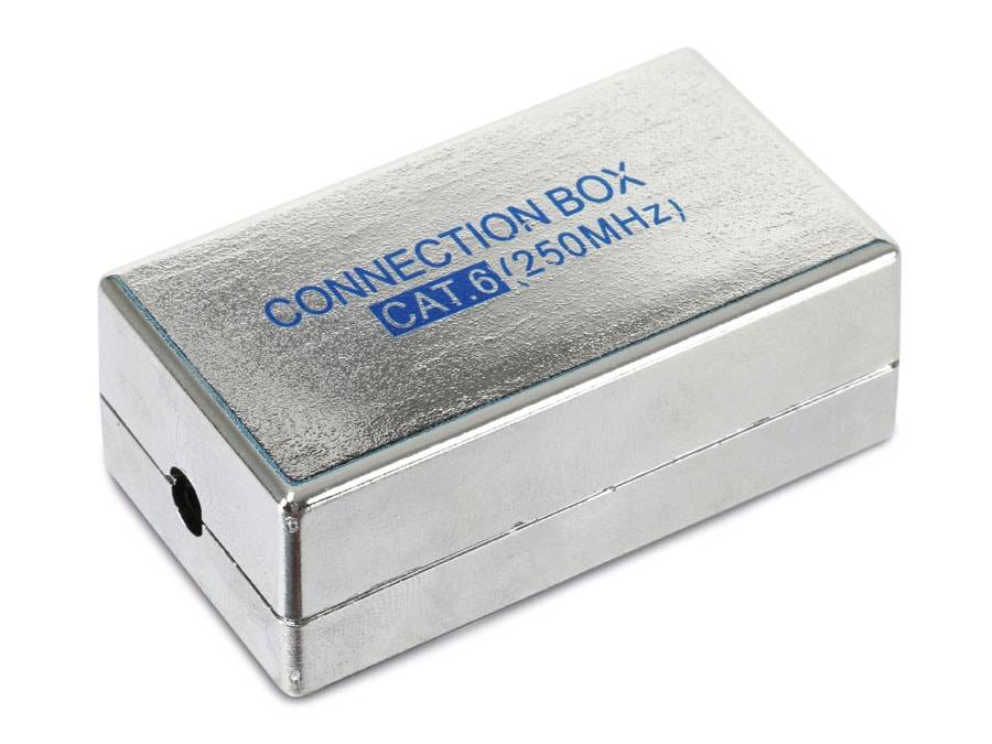 Eine metallische Anschlussbox mit der Bezeichnung „Connection Box CAT. 6 (250MHz)