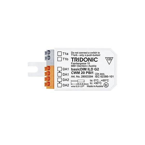 Eine weiße Elektronikkomponente mit orangefarbenen Anschlüssen, beschriftet mit 'TRIDONIC'. Enthält Modellinformationen und Sicherheitswarnhinweise zur Verwendung und Verkabelung.