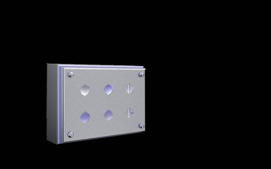 Ein silberner Metallpaneel mit reflektierender Oberfläche, der vier pfeilförmige Ausschnitte vertikal ausgerichtet aufweist, vor einem schwarzen Hintergrund.