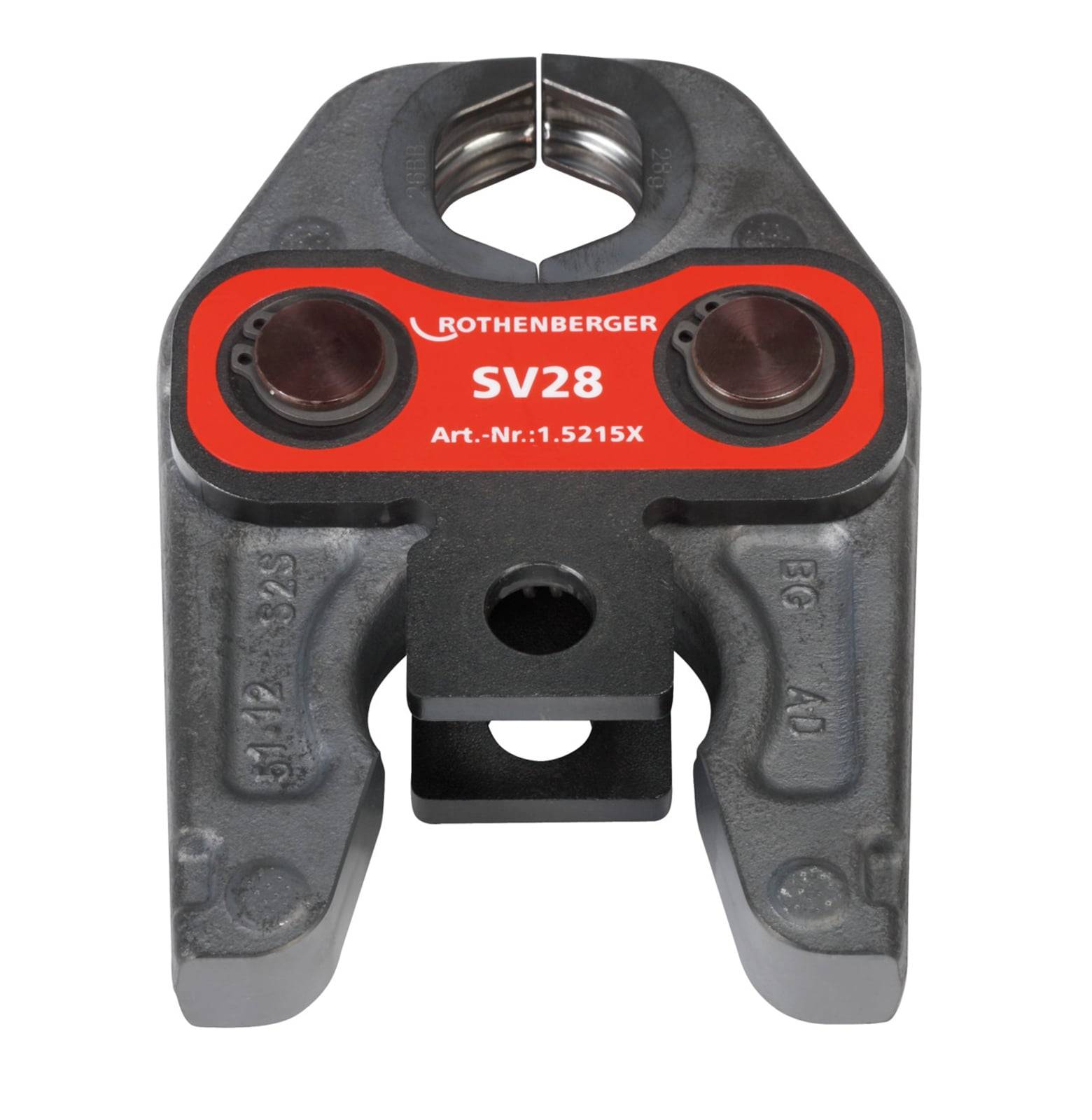 Ein Rohrpressverbindungswerkzeug mit der Bezeichnung 'Rothenberger SV28 Art.-Nr.1.5215X' mit einer U-förmigen Öffnung an der Oberseite zum Greifen von Rohren.