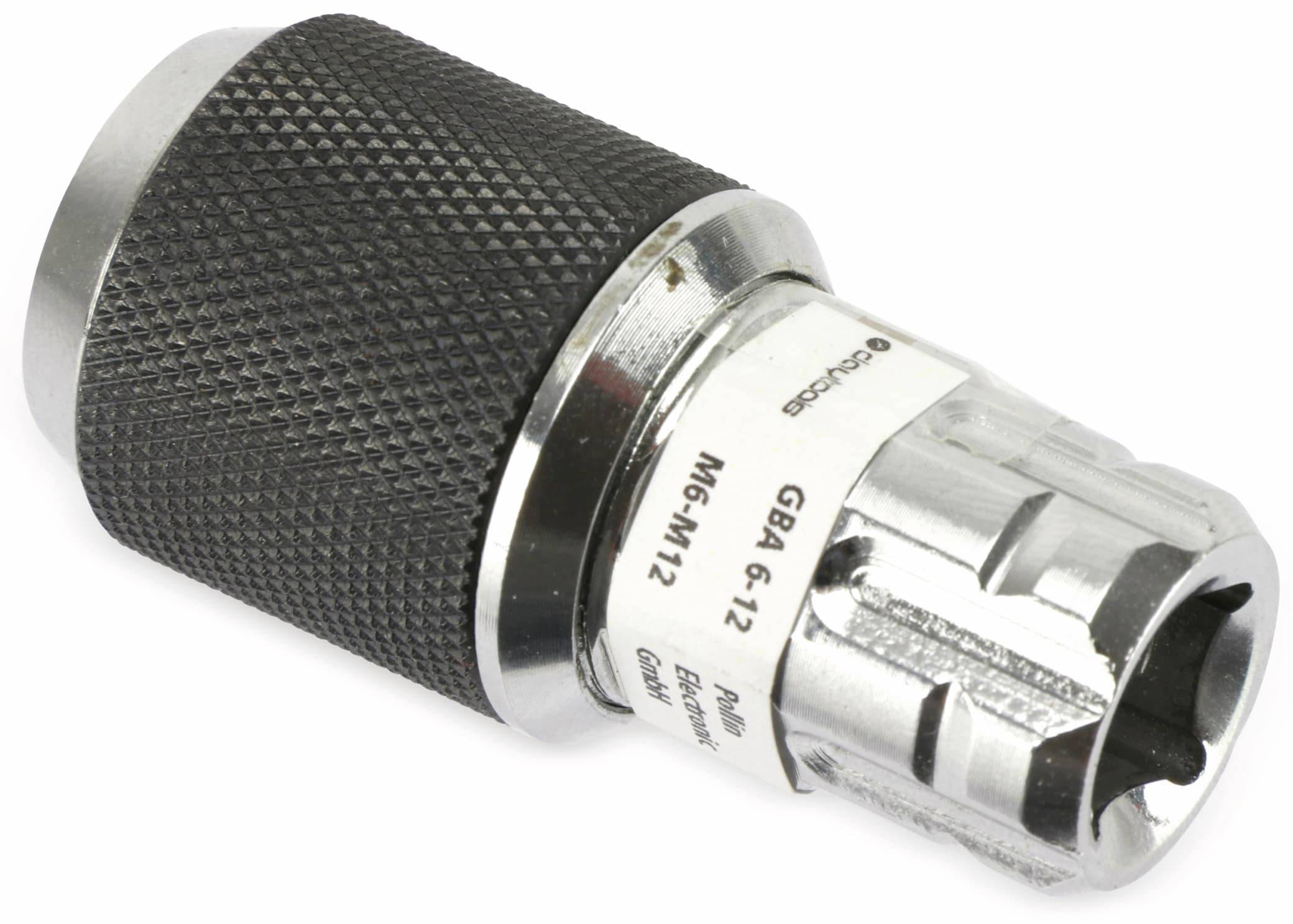 Nahaufnahme eines Metallwerkzeugteils mit strukturiertem Griff, mit den Bezeichnungen „GBA 6.12