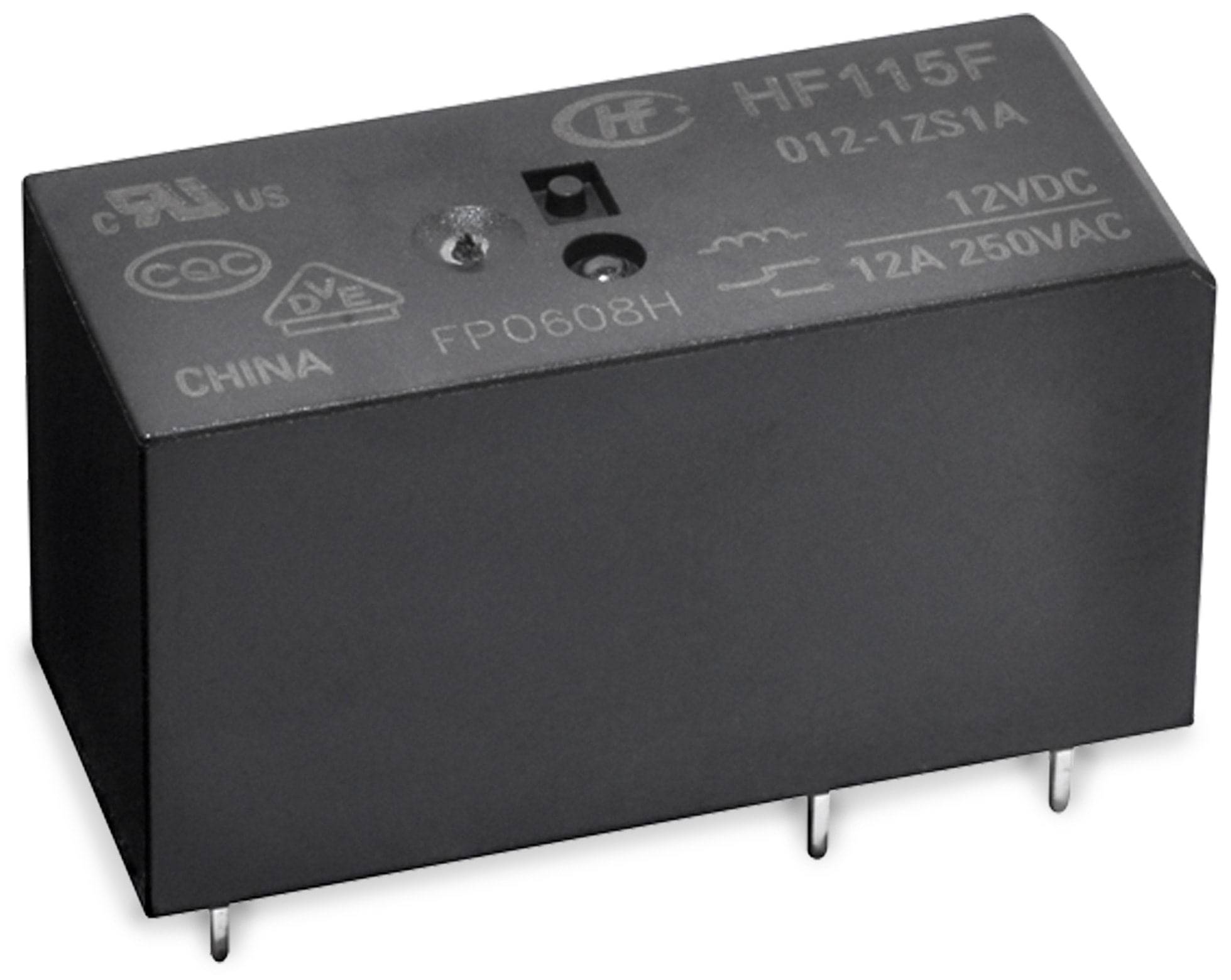 Ein schwarzes rechteckiges elektronisches Relais mit der Beschriftung „HF115F 012-1ZS1A 12VDC 12A 250VAC