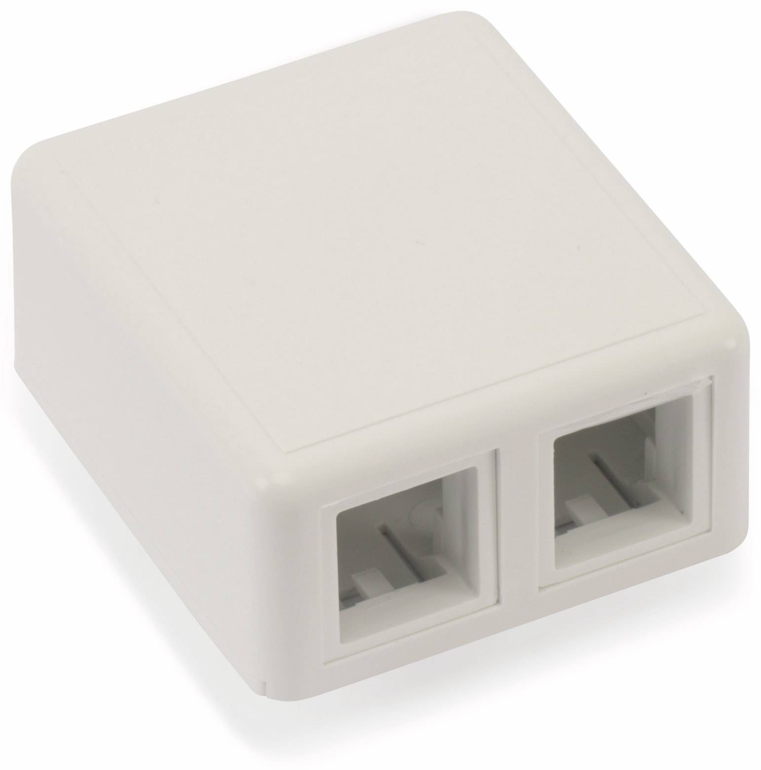 Ein rechteckiger, weißer Wandplattenadapter mit zwei Ethernet-Anschlüssen für Netzwerkkabelverbindungen.