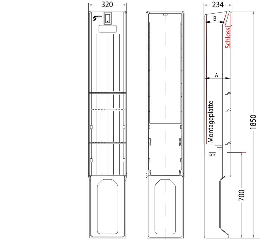 Technische Zeichnung eines hohen, rechteckigen Objekts mit Maßangaben: 320 Breite, 700 Höhe. Merkmale umfassen beschriftete Bereiche wie 