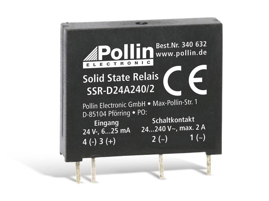 Halbleiterrelais von Pollin Electronic, Modell SSR-D24A240/2, Eingänge: 24V, 6...25 mA, Ausgänge: 24-240V~, max 2A.