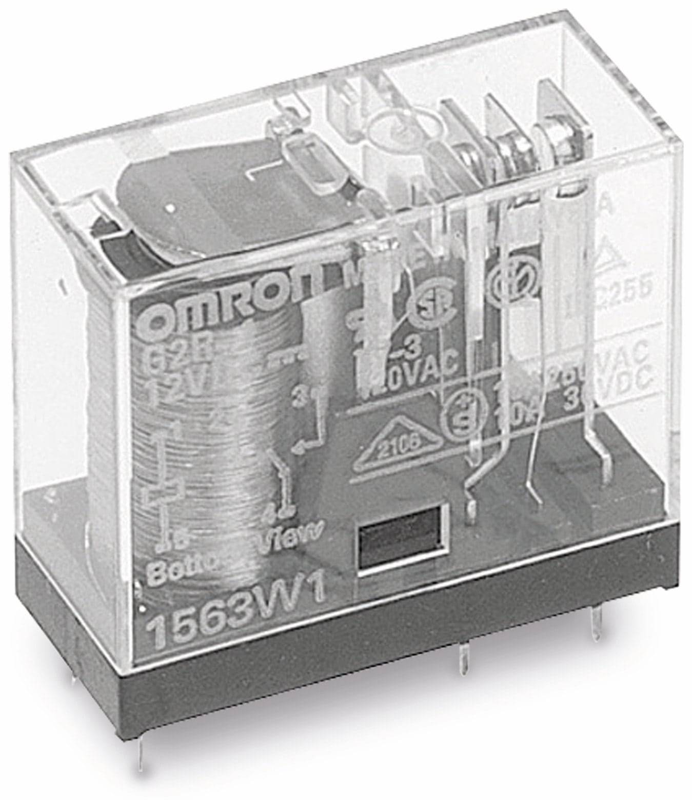 Durchsichtiges Relais mit Kunststoffgehäuse und sichtbaren mehreren Stiften, mit Markennamen oben aufgedruckt. Wird in der Elektronik zum Schalten von Schaltkreisen verwendet.