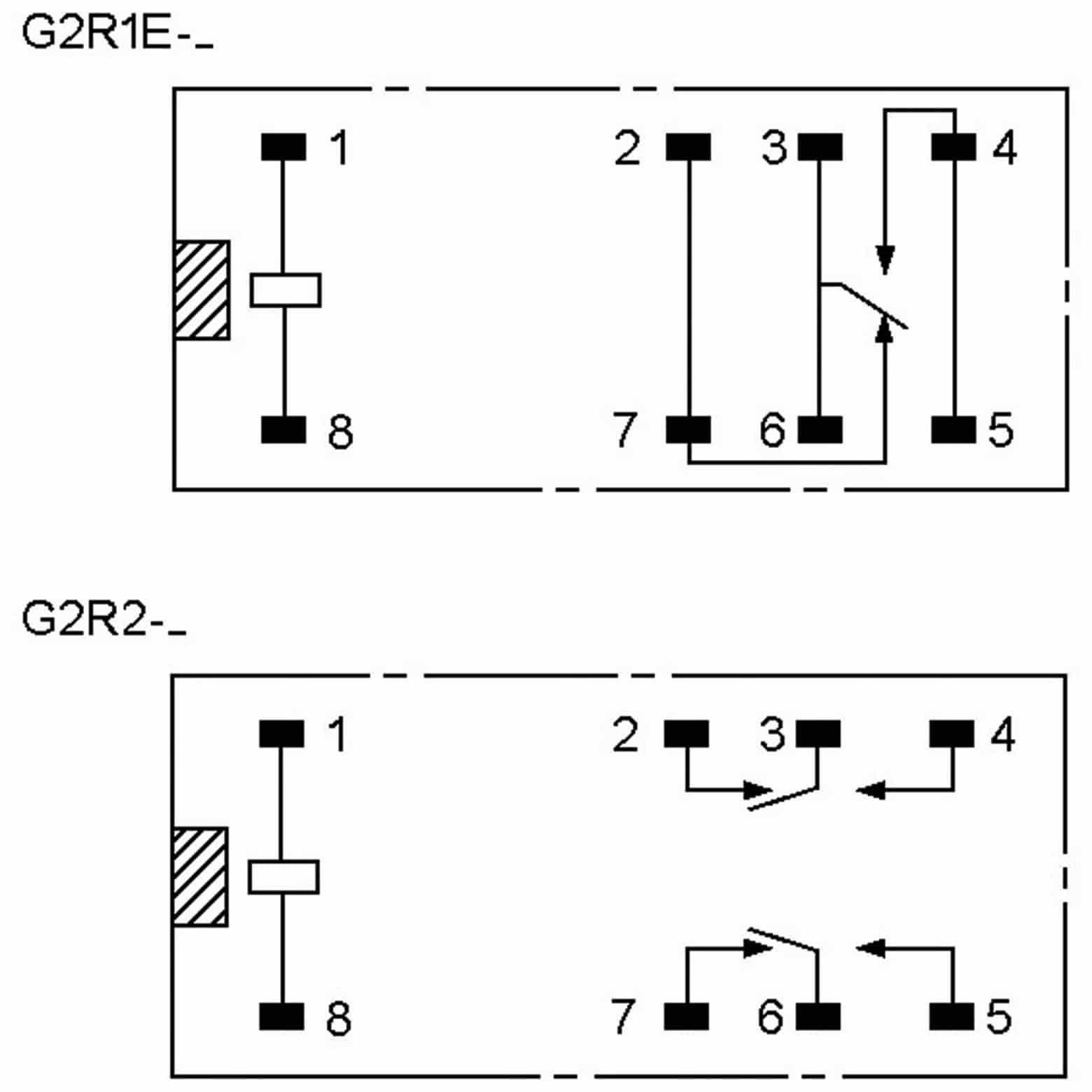 „Zwei schematische Diagramme von Relaisschaltern G2R1E und G2R2 mit Verbindungen und nummerierten Anschlüssen 1 bis 8, mit Pfeilen, die Kontaktpositionen anzeigen.