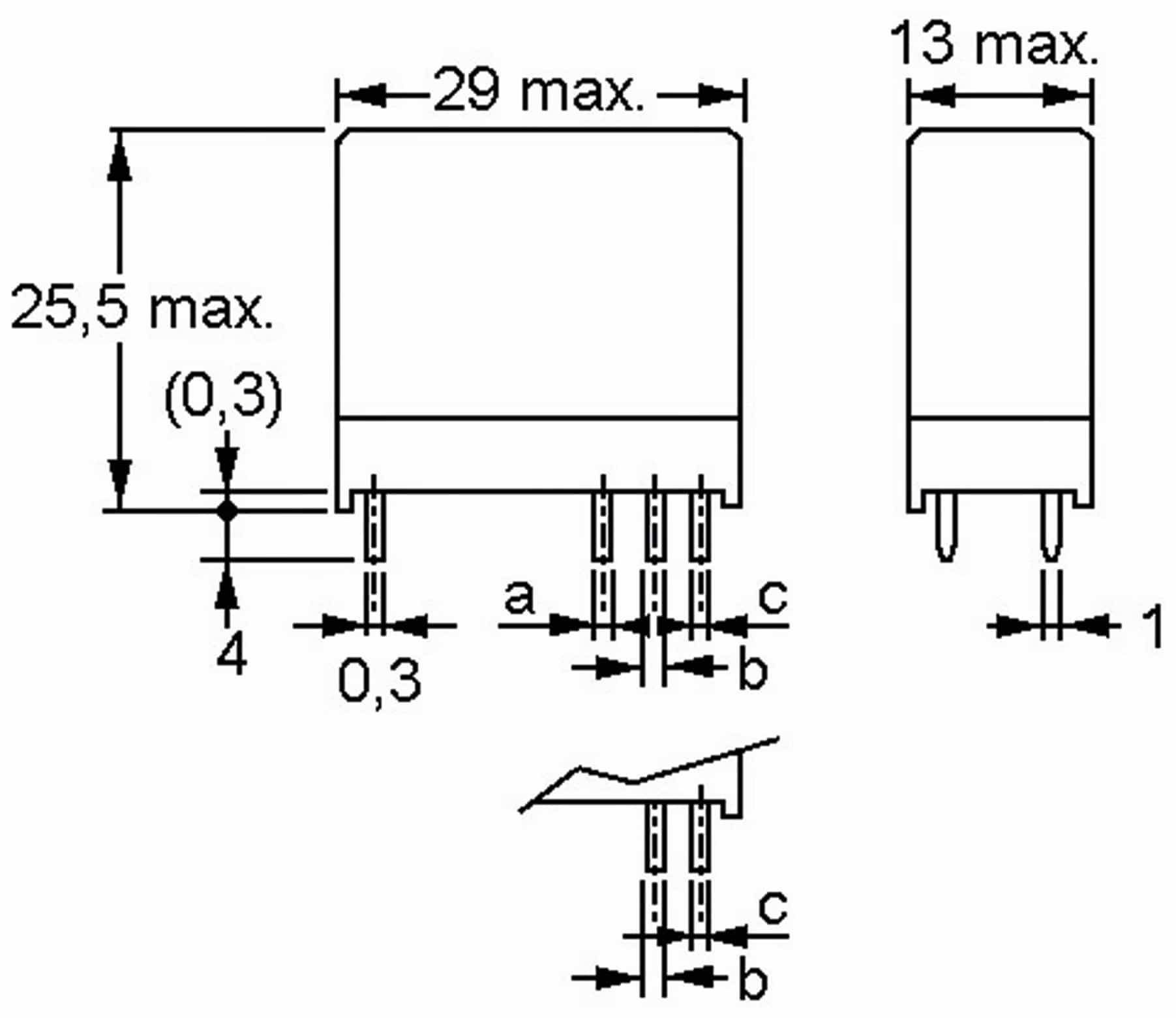 Technisches Diagramm einer elektronischen Komponente mit Abmessungen: 29 mm x 13 mm mit Stiftbezeichnungen a, b und c sowie Abstands- und Abstandsdetails.