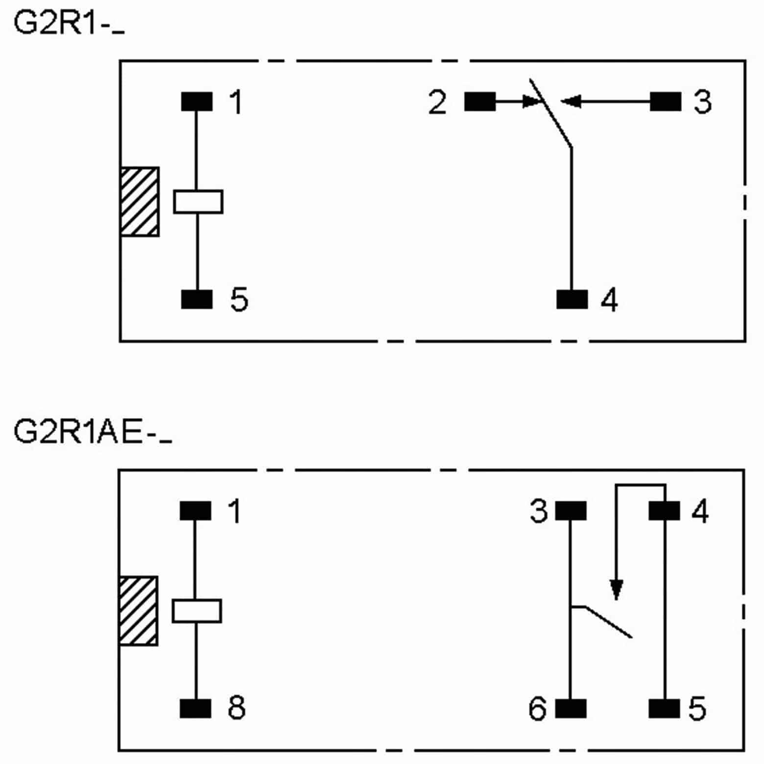 Schaltplan von zwei Relaisschaltungen: oben, G2R1 mit Anschlüssen 1-5 und 2-3-4; unten, G2R1AE mit Anschlüssen 1-8 und 3-6-5. Pfeile zeigen den Stromfluss an.