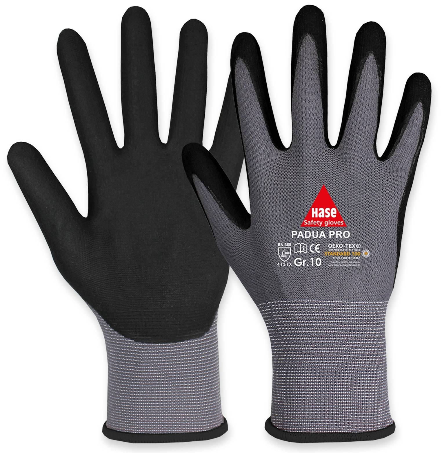 Schutzhandschuhe mit Handflächen- und Rückseite, beschriftet mit „Hase Safety Gloves PADUA PRO