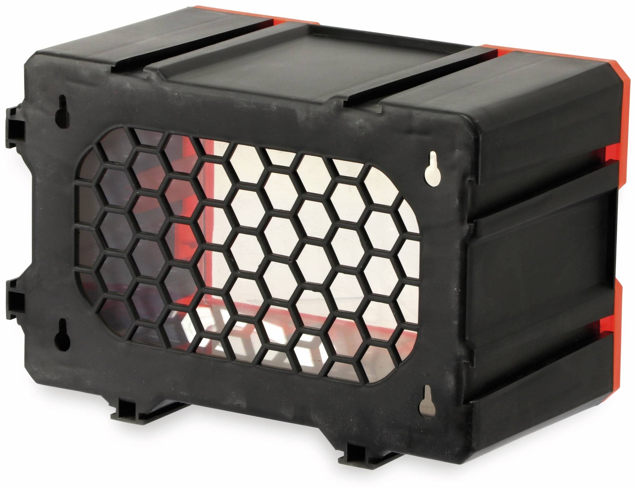Kunststoff-Lagerkiste mit schwarzer sechseckiger Gitteröffnung auf einer Seite, konzipiert zur Belüftung.