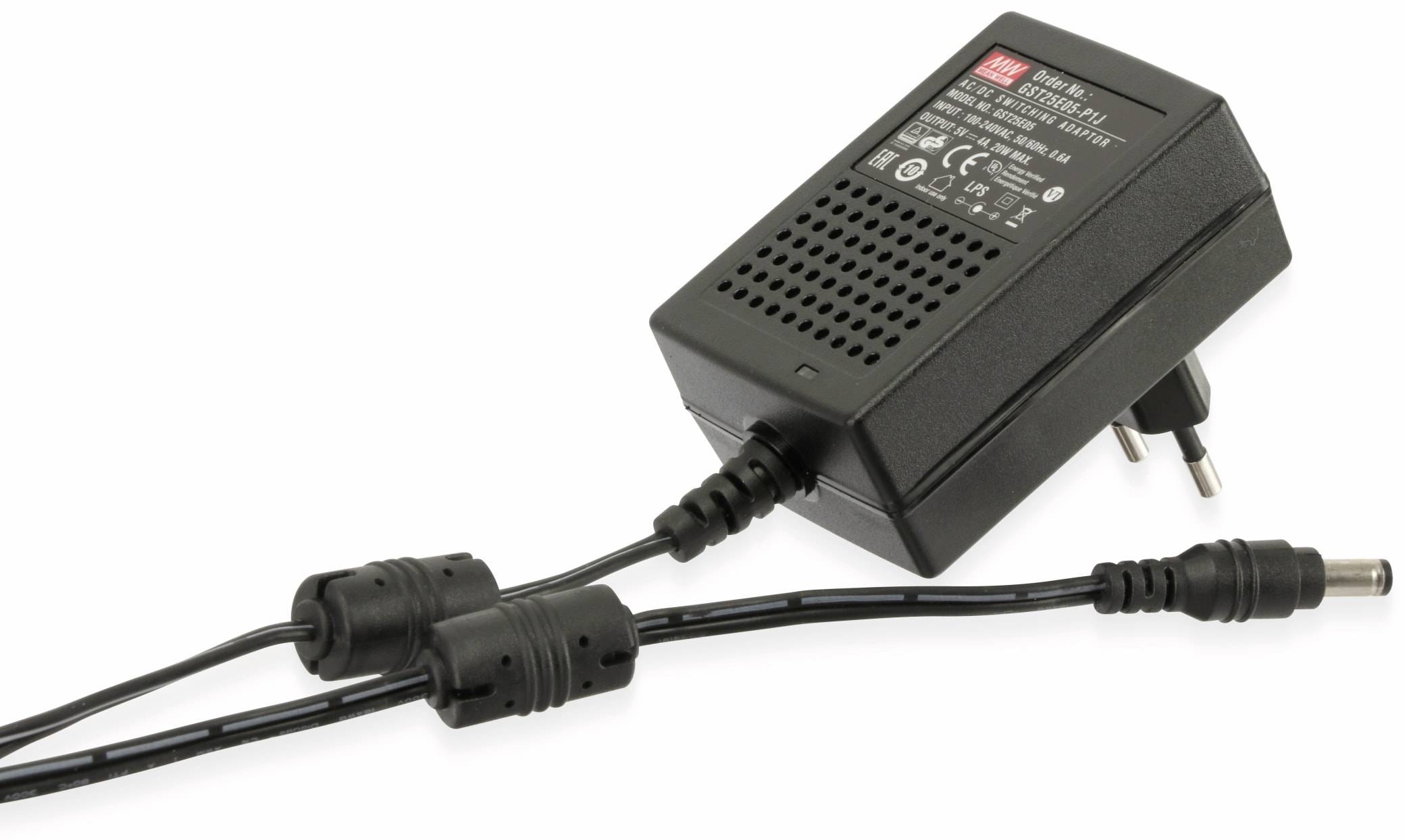 Ein schwarzer Mean Well AC-Adapter mit der Modellnummer GST60A12-P1J, mit Ausgangsspezifikationen und Sicherheitszertifizierungslogos auf seinem Etikett.