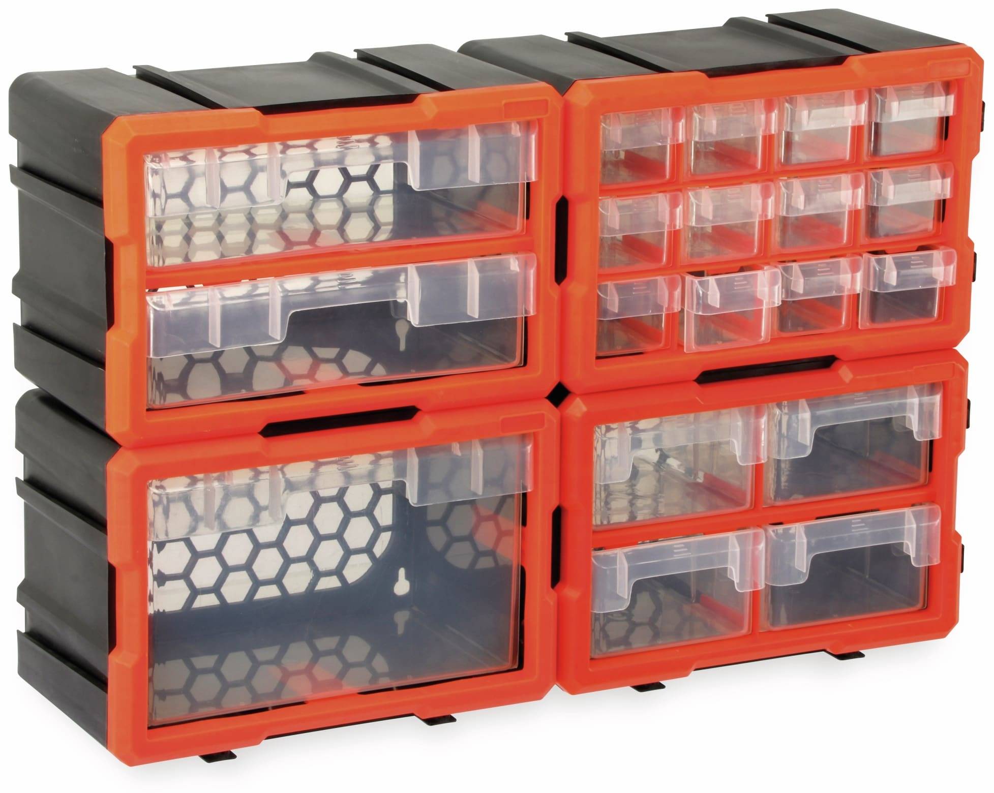 Orange-schwarzer Aufbewahrungsorganizer mit mehreren transparenten Kunststoffschubladen, geeignet für kleine Werkzeuge oder Eisenwaren in Werkstätten oder Garagen.