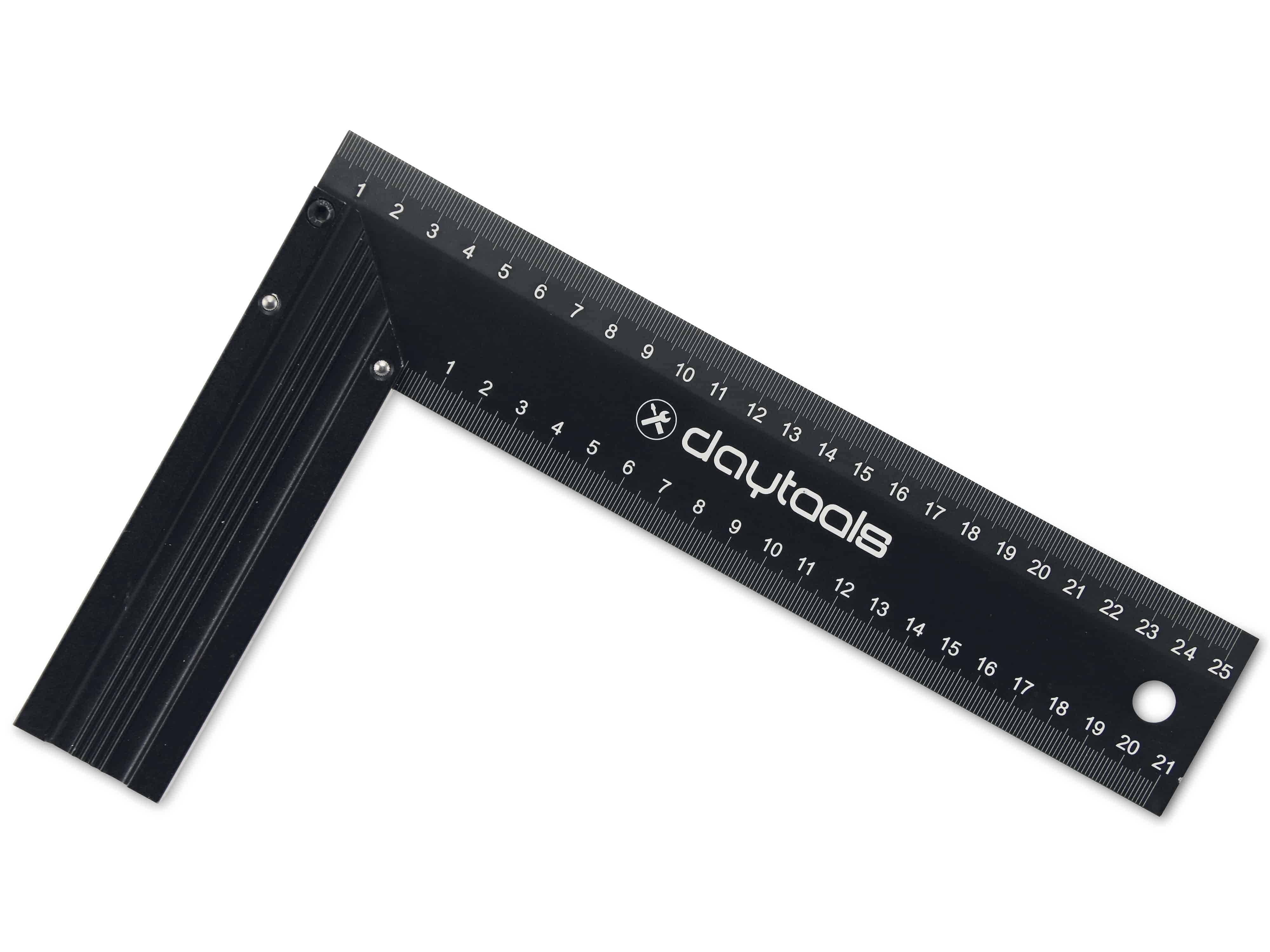 Ein schwarzes Stahlwinkel mit Linealmessungen von 0 bis 45 auf beiden Seiten, verwendet zum Messen und Markieren von rechten Winkeln in der Holzbearbeitung.