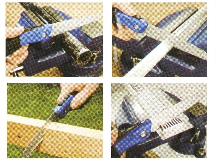Vier Bilder zeigen eine Säge mit blauem Griff, die verwendet wird, um verschiedene Materialien zu schneiden: Metall in einem Schraubstock, Holz und Lochblech.