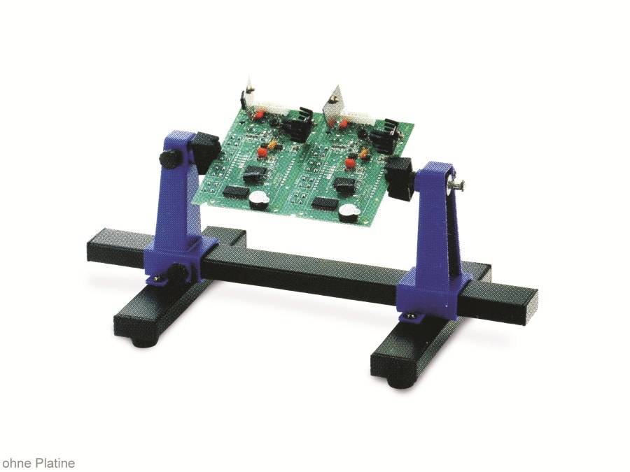 Ein verstellbarer Leiterplattenhalter befestigt sicher eine grüne Leiterplatte mit verschiedenen elektronischen Komponenten und ermöglicht das Testen oder Reparieren.
