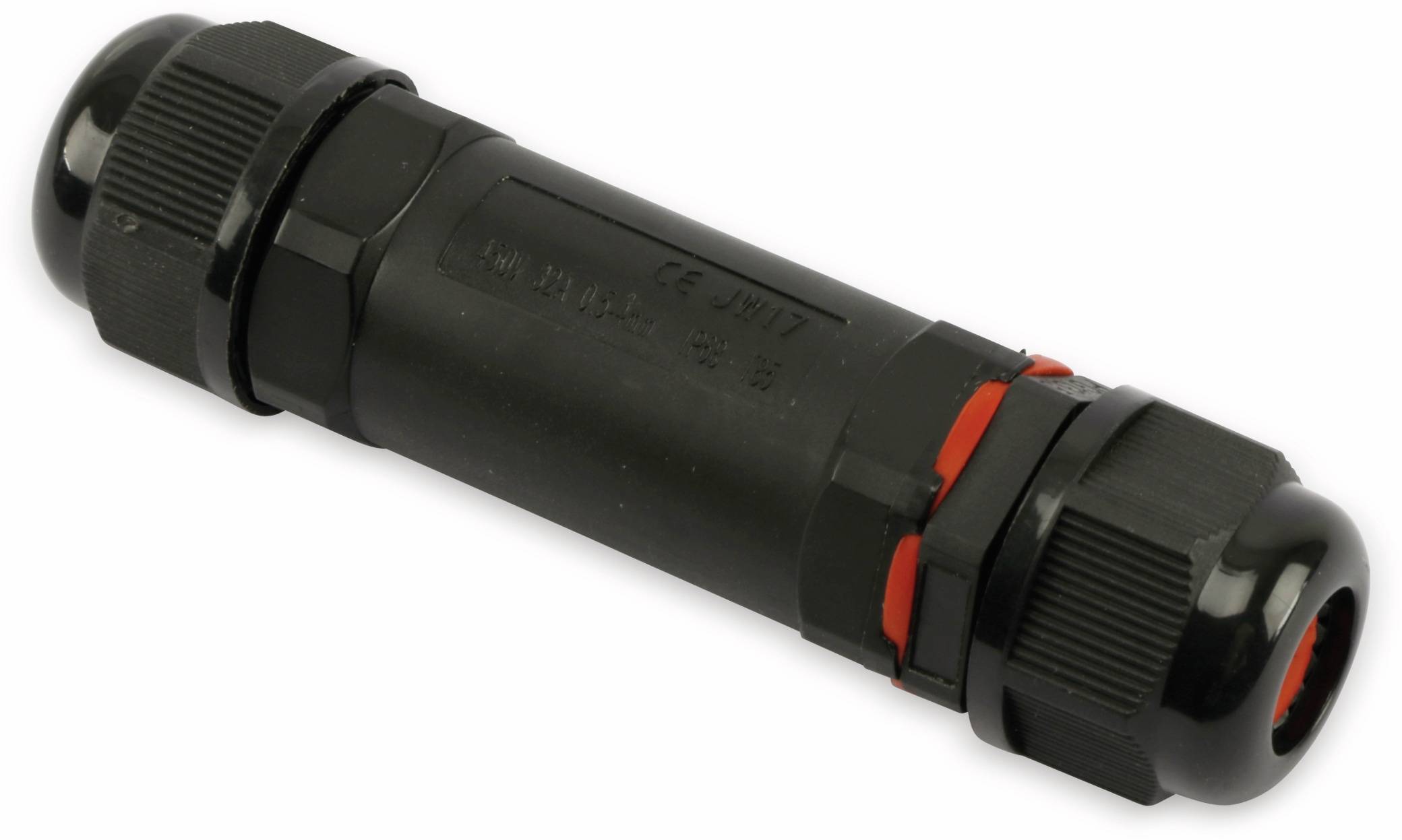 Ein Nahaufnahmebild eines schwarzen zylindrischen Steckers mit gerillten Griffflächen an beiden Enden und einem roten Ring auf der rechten Seite.