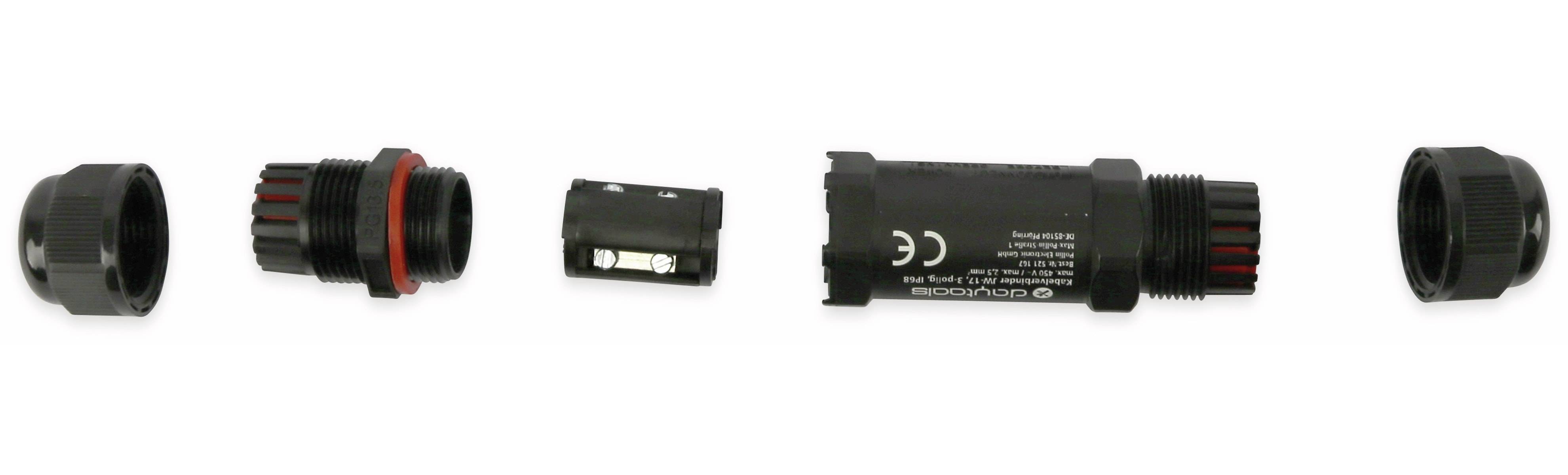 Ein schwarzes zylindrisches elektronisches Bauteil mit einem Stecker auf der linken Seite, das CE-Kennzeichnungen und technische Spezifikationen aufweist.