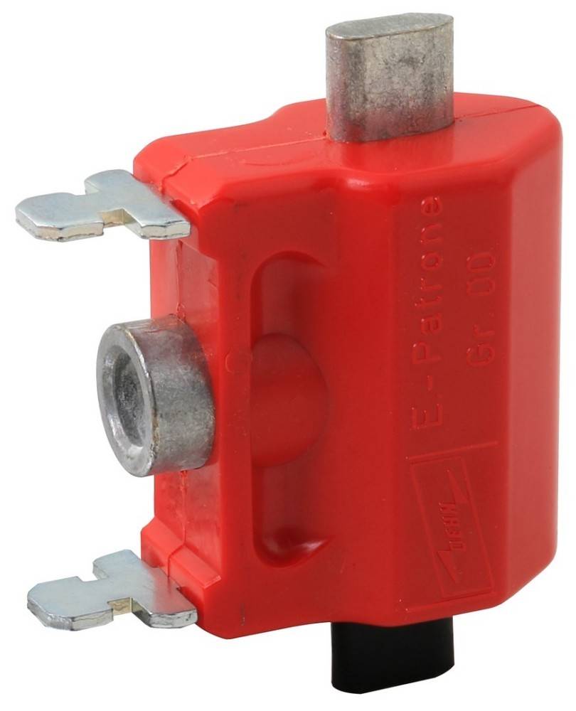 Rote elektrische Sicherung E-Patrone Gr. 00 mit metallischen Komponenten, verwendet zum Schutz elektrischer Schaltkreise.