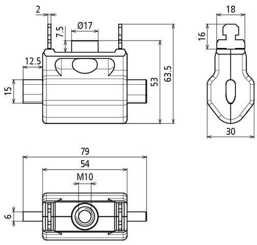 Technische Zeichnung eines mechanischen Bauteils mit Maßen. Draufsicht zeigt kreisförmige Komponente mit Durchmesser 'Ø17', Seitenansicht zeigt Höhe '63,5' und Breite '53'.