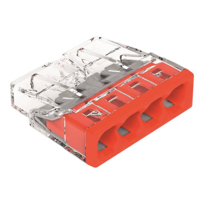 Ein roter und transparenter Kunststoff-Elektrokabelverbinder mit vier Schlitzen für Drähte.