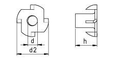 Technisches Diagramm, das eine Komponente mit beschrifteten Abmessungen zeigt: d, d2 und h.